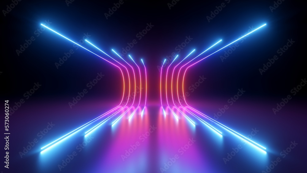 Obraz 3d rendering, rounded pink blue neon lines, glowing in the dark. Abstract minimalist geometric background. Ultraviolet spectrum. Cyber space. Futuristic wallpaper fototapeta, plakat