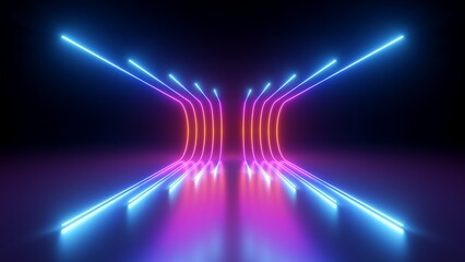 3d rendering, rounded pink blue neon lines, glowing in the dark. Abstract minimalist geometric background. Ultraviolet spectrum. Cyber space. Futuristic wallpaper