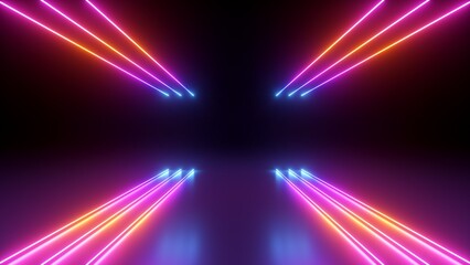 3d rendering. Abstract futuristic neon background. Red blue lines, glowing in the dark. Ultraviolet spectrum. Cyber space. Minimalist wallpaper