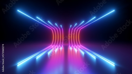 Foto 3d rendering, rounded pink blue neon lines, glowing in the dark
