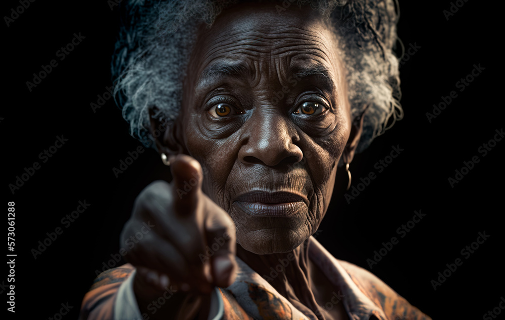 Portrait of a person. Confrontational Senior black woman pointing her finger at the looker.  Image created with generative ai