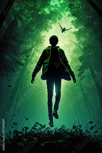 A teenager silhouette floating on a bright green forest background, feeling like a reaching your full potential 