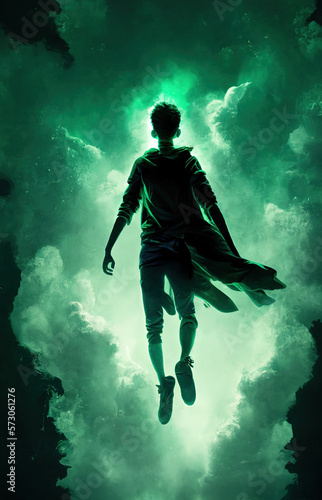 A teenager silhouette floating on a bright green forest background, feeling like a reaching your full potential 