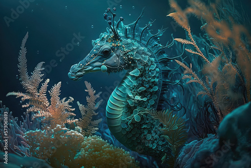 Seahorse blue, creative illustration, generative ai © pronoia