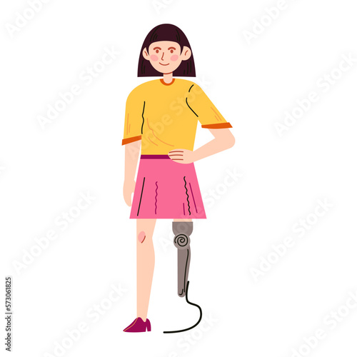 Happy young girl with a prosthetic leg. Teen wearing a prosthesis. Handicapped person, female character with artificial limb. Flat illustration in cartoon style. Vector isolated on white.