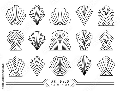Art Deco style symbol set. Geometric outline linear design elements. EPS 10 vector illustration isolated on the white background. Editable stroke. Paths are not expanded.