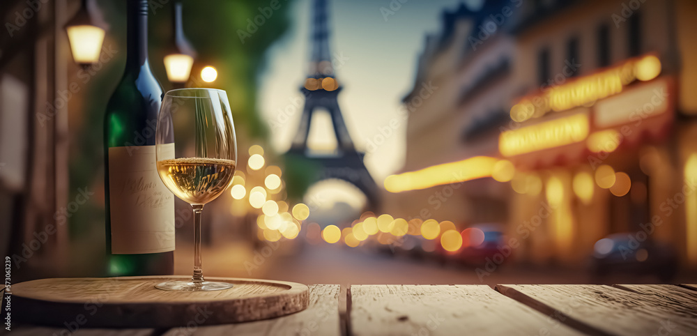 Wooden table top with a glass of wine with a blurred gorgeous night view of the Eiffel Tower, Paris. vacation concept. for mounting your product. digital art