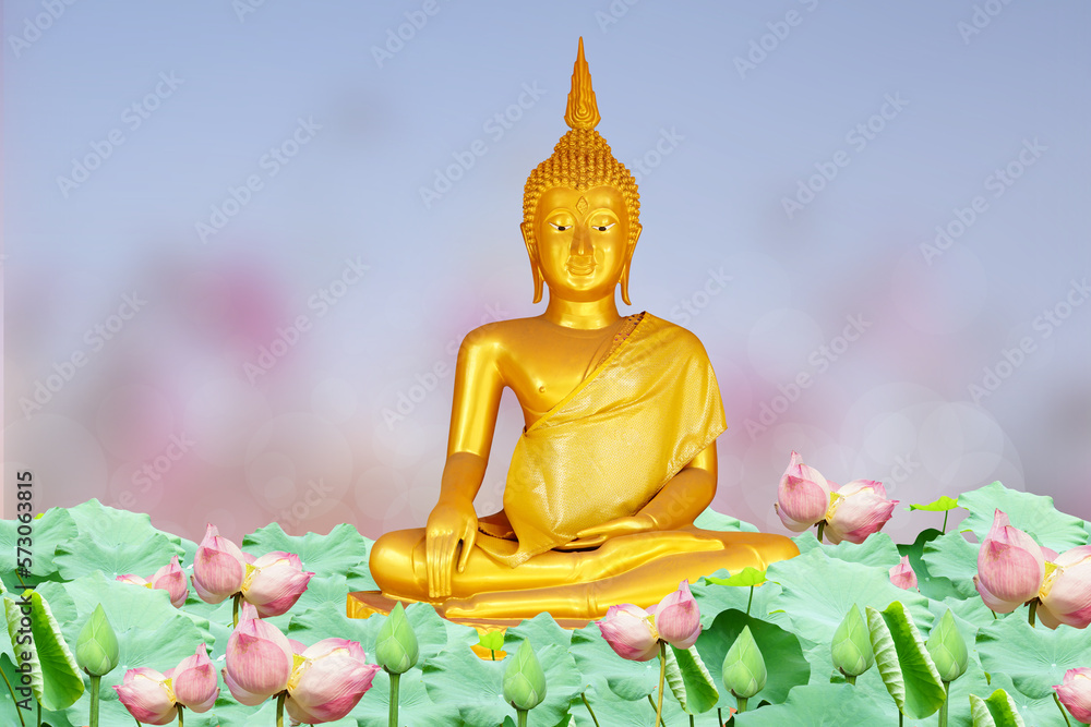Makha Asanaha Visakha Bucha Day Golden Buddha image. Background of Bodhi leaves with shining light. Soft image and smooth focus style Makha Asanaha Visakha Bucha Day Golden Buddha image. Background of Bodhi leaves with shining light. Soft image and smooth focus style