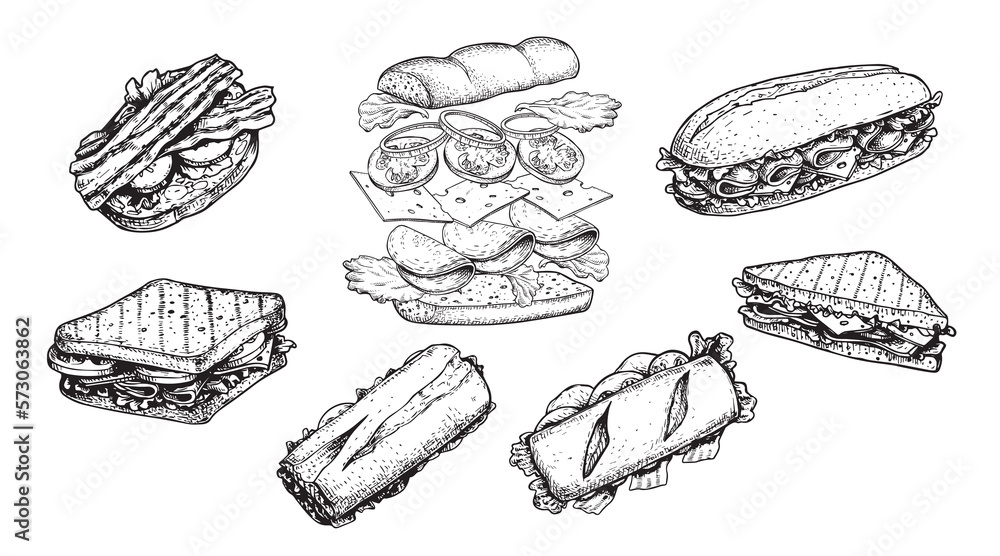 Hand drawn sketch sandwiches set. Submarine type sandwiches with lettuce leaves, salami, cheese, bacon, ham and veggies. Top and perspective view. Sandwich constructor. Flying ingredients. Fast food. - obrazy, fototapety, plakaty 