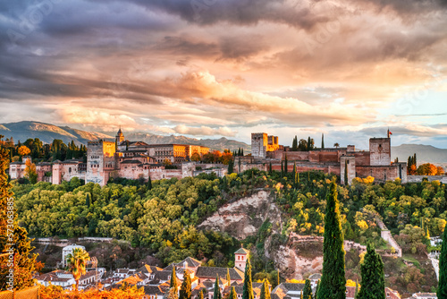 Alhambra Fortress Aerial View at Sunset with Amazing Clouds  Granada  Andalusia