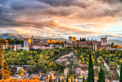 Alhambra Fortress Aerial View at Sunset with Amazing Clouds, Granada, Andalusia