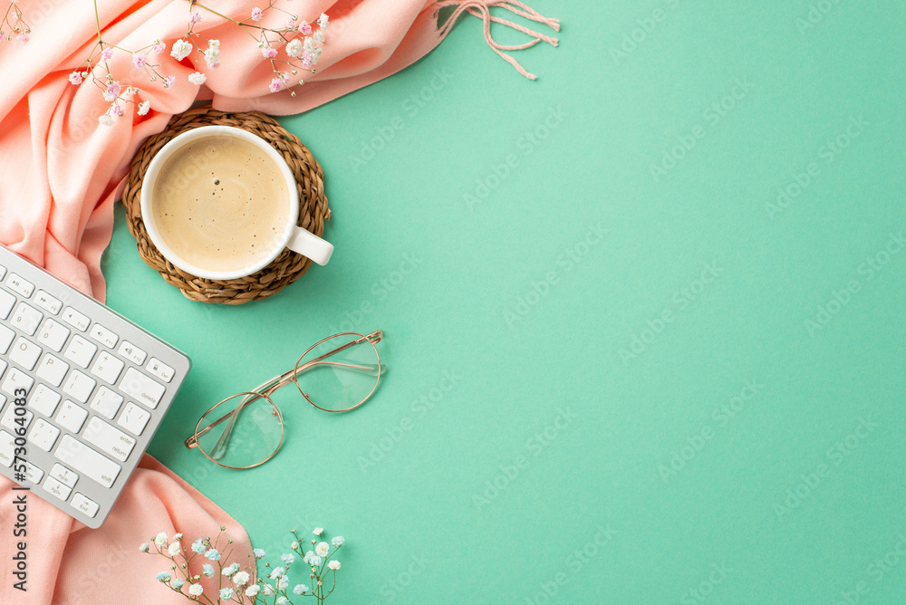 Business concept. Top view photo of keyboard mug of coffee on rattan serving mat stylish glasses gypsophila flowers and pink plaid on isolated turquoise background with empty space Business concept. Top view photo of keyboard mug of coffee on rattan serving mat stylish glasses gypsophila flowers and pink plaid on isolated turquoise background with empty space