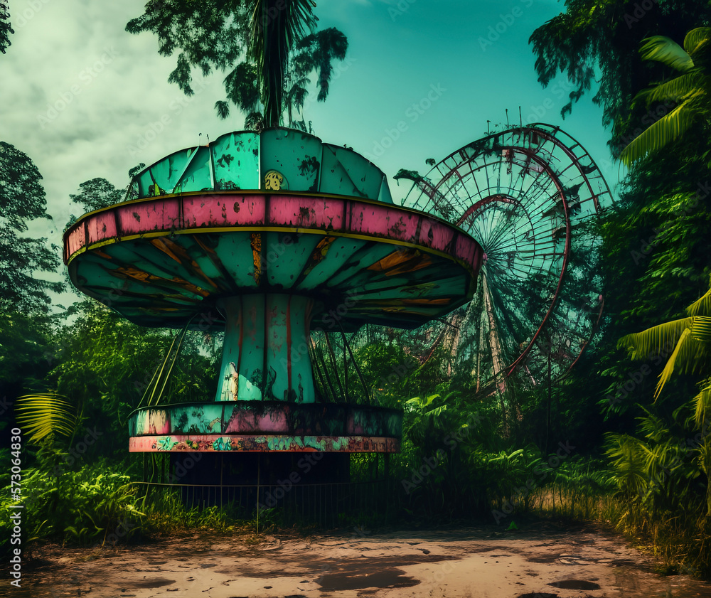 Fototapeta premium Abandoned Amusement Park Lost in Jungle, Generative AI Illustration