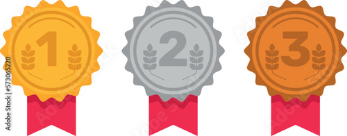 Medals set of gold, silver and bronze medal with red ribbon. Gold, silver, bronze medal set. Winning award symbols. 1st, 2nd and 3rd places. Trophy with red ribbon. Flat style