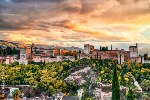 Alhambra Fortress Aerial View at Sunset with Amazing Clouds, Granada, Andalusia
