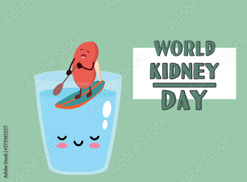 World Kidney Day with a kidney paddle surfing inside a kawaii-style glass of water