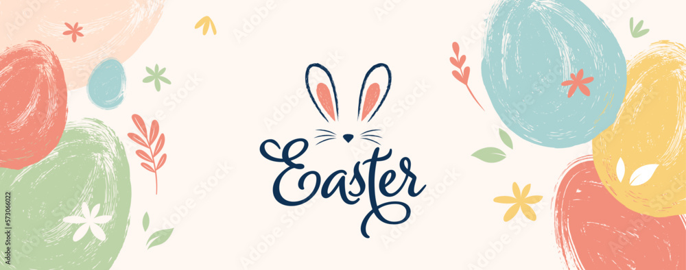 Fototapeta premium Happy Easter. Bunnies, eggs and flowers. Modern style design, pastel colors