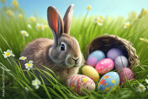 Rabbit and easter eggs on green grass. Easter concept. © Manjahita