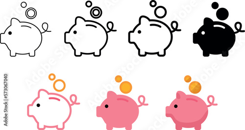 Set of piggy bank icon. Piggybank with falling coins. Baby pig piggy bank. Pig silhouette. Financial independence. flat style stock vector.