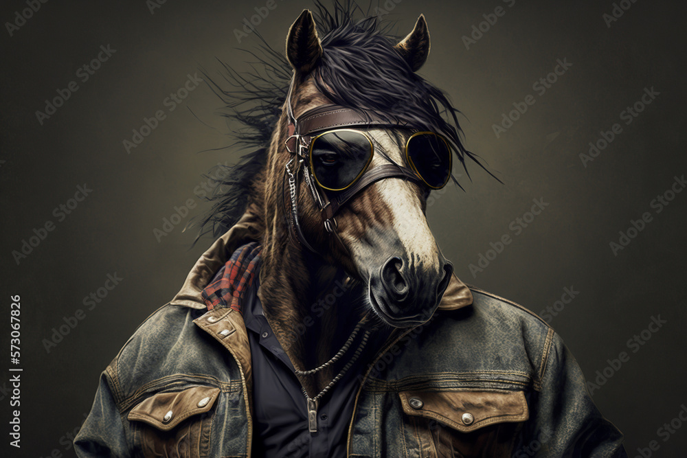 horse in jacket, rapper or bandit, gangster, cool horse. Illustration. Generative AI. - obrazy, fototapety, plakaty 