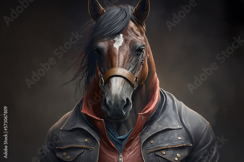portrait a horse in jacket, rapper or bandit, gangster, cool horse. Illustration. Generative AI.