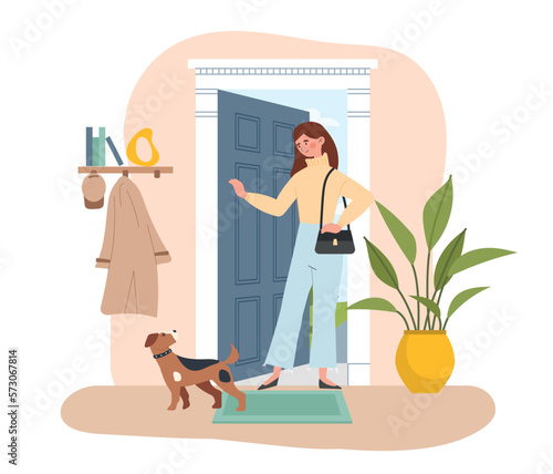 Pet owner coming home. Woman enters apartment with dog, comfort and cosiness in apartment, humans best friend. Doggy greeting person, standinging near entry. Cartoon flat vector illustration