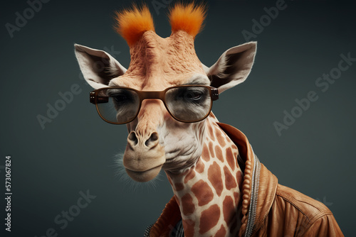portrait of a giraffe in a jacket and sunglasses  thug or gangster  cool giraffe. Illustration. Generative AI.