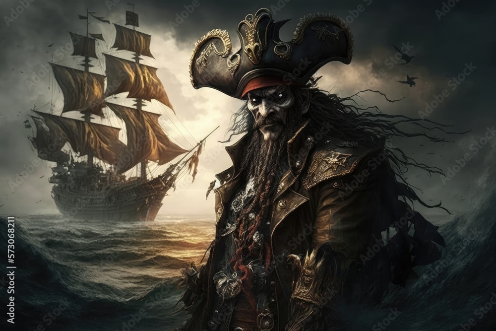 Fototapeta premium Dangerous Black Pirate - The Ruler of Pirate Ship Generative AI
