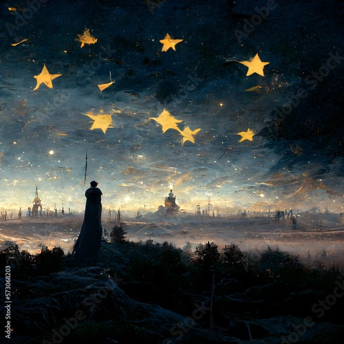Fényképezés a painting of stars and crescent by caspar david friedrich wallpaper