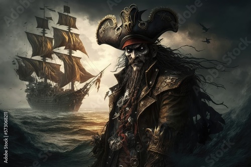 Dangerous Black Pirate - The Ruler of Pirate Ship Generative AI photo