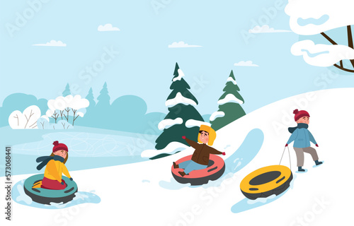 Kids sliding on tube and sledge. Boys and girls on winter slide in snow. Activity and rest after study, winter holidays. Characters in warm clothes in forest. Cartoon flat vector illustration