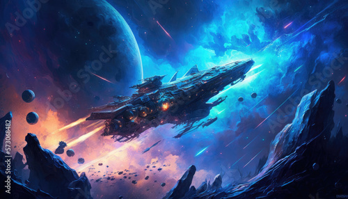 Fototapeta Naklejka Na Ścianę i Meble -  A spaceship flying through a blue nebula generative ai illustration 
