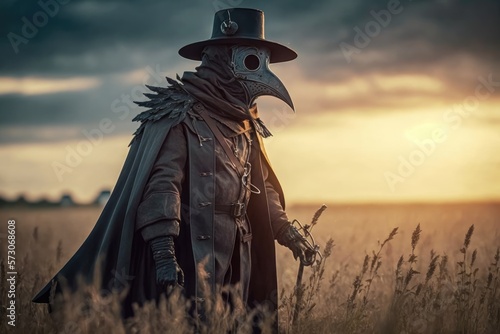 Plague Doctor in Costume Exploring a Meadow Before Sundown Generative AI