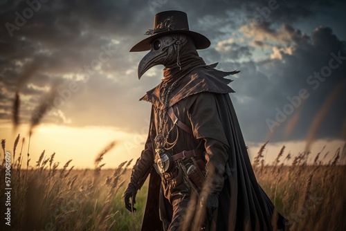 Plague Doctor in Costume Roaming the Meadow Before Sunset