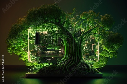 Computer Powered by Green Energy Wallpaper, Tree Growing Infused with Computer Board, Technology, Futuristic, Abstract, Background, Generative AI