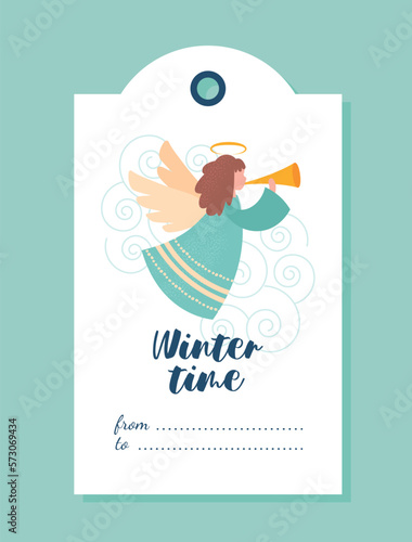 Christmas tag with angel. Woman in green dress with wings plays trumpet. Winter holidays and New Year. Design element for greeting postcard. Cartoon flat vector illustration