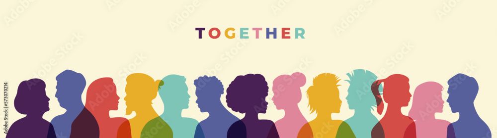 Diverse silhouette people face together concept banner