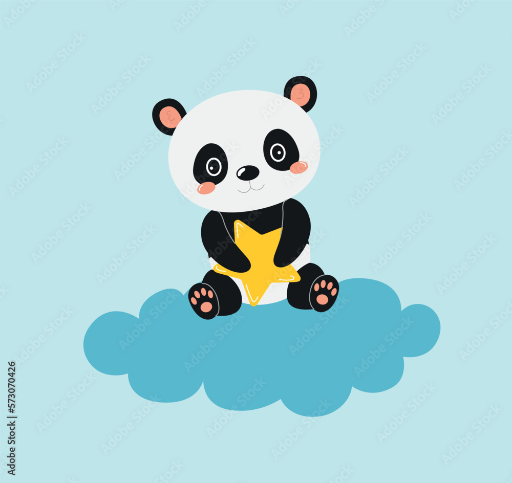 Naklejka premium Birth card panda on cloud. Charming character sits with star in his hand. Imagination and fantasy. Asian animal and mammal. Tenderness and love. Cartoon flat vector illustration