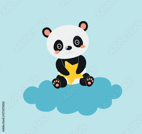 Birth card panda on cloud. Charming character sits with star in his hand. Imagination and fantasy. Asian animal and mammal. Tenderness and love. Cartoon flat vector illustration