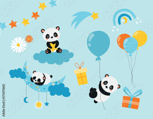 Fototapeta Naklejka Na Ścianę i Meble -  Birth card panda set. Collection of animals in different scenes. Character with balloons and gift boxes, month, cloud and stars. Cartoon flat vector illustrations isolated on blue background
