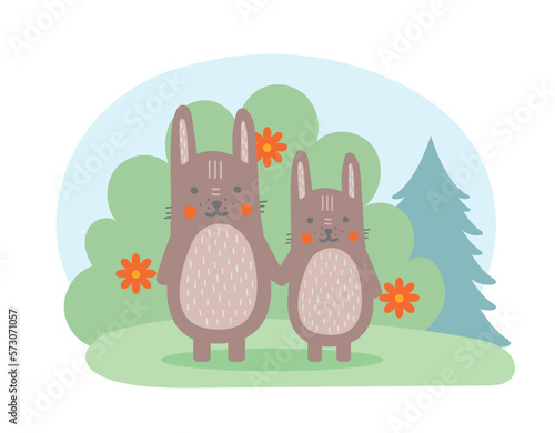 Rabbits on lawn concept. Mother and son on background of bush with red flowers. Wild life, flora and fauna, forest dwellers. Biology and zoology. Cartoon flat vector illustration
