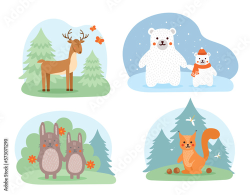 Cute animals set. Collection of graphic elements for website. Forest squirrel, deer and rabbits on lawn and polar bear in snow. Cartoon flat vector illustrations isolated on white background