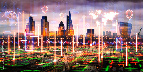 Photography City of London view, business and financial area of capital with business intelligence key performance indicators, charts, stock market data