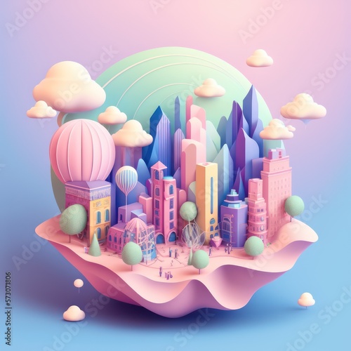 Pastel Cityscape: Cute Kids' Concept Illustration of Buildings and Urban Life. Generative AI