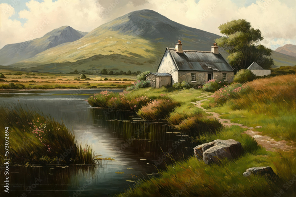 Irish countryside farmhouse on river mountains as digital illustration (Generative AI)