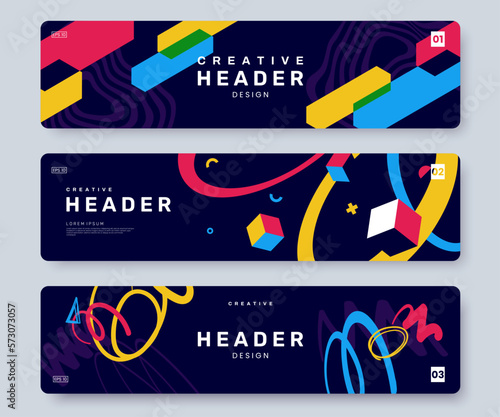 Abstract creative web banner collection with colorful dynamic geometric shapes and graphics. Set of bright colorful artistic header with place for text. Youth style backgrounds. Vector eps 10