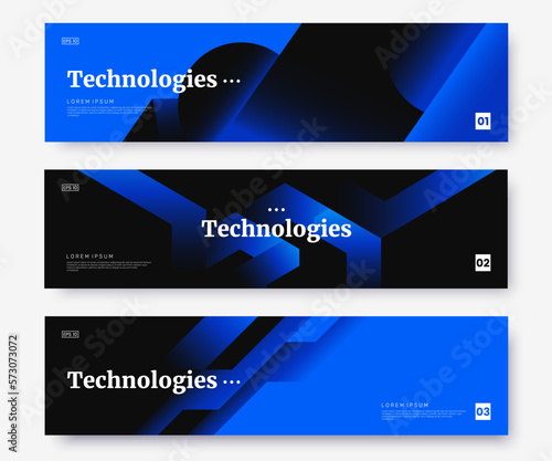 Web banner design collection in dark blue colors with abstract gradient geometirc shapes. Web header concept in strict minimalist style. Hi-tech background for your business.