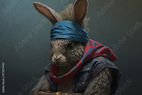 rabbit in with golden chains, rapper or bandit, gangster, cool bunny. Illustration. Generative AI.