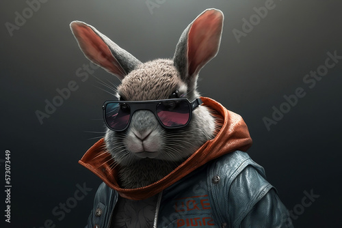 rabbit in leather jacket with golden chains, rapper or bandit, gangster, cool bunny. Illustration. Generative AI.