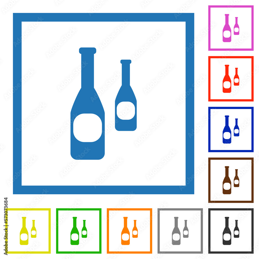 Two bottles with vignette flat framed icons Two bottles with vignette flat framed icons